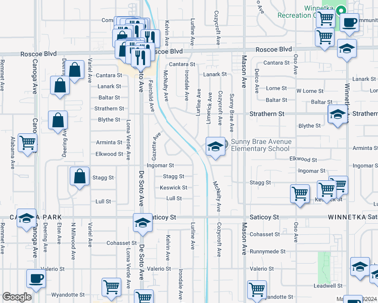 map of restaurants, bars, coffee shops, grocery stores, and more near 7830 Fairchild Avenue in Los Angeles