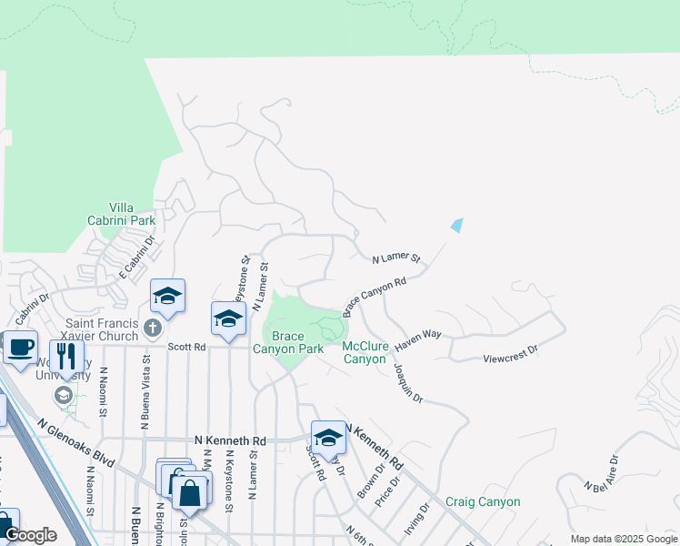 map of restaurants, bars, coffee shops, grocery stores, and more near 3147 Mesa Verde Drive in Burbank