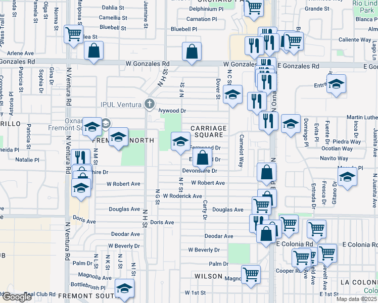 map of restaurants, bars, coffee shops, grocery stores, and more near 640 Fernwood Drive in Oxnard