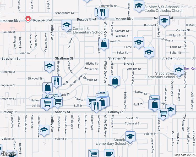map of restaurants, bars, coffee shops, grocery stores, and more near 17731 Elkwood Street in Los Angeles