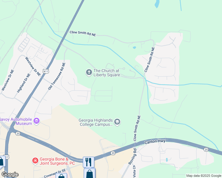 map of restaurants, bars, coffee shops, grocery stores, and more near 335 Melody Lane in Cartersville