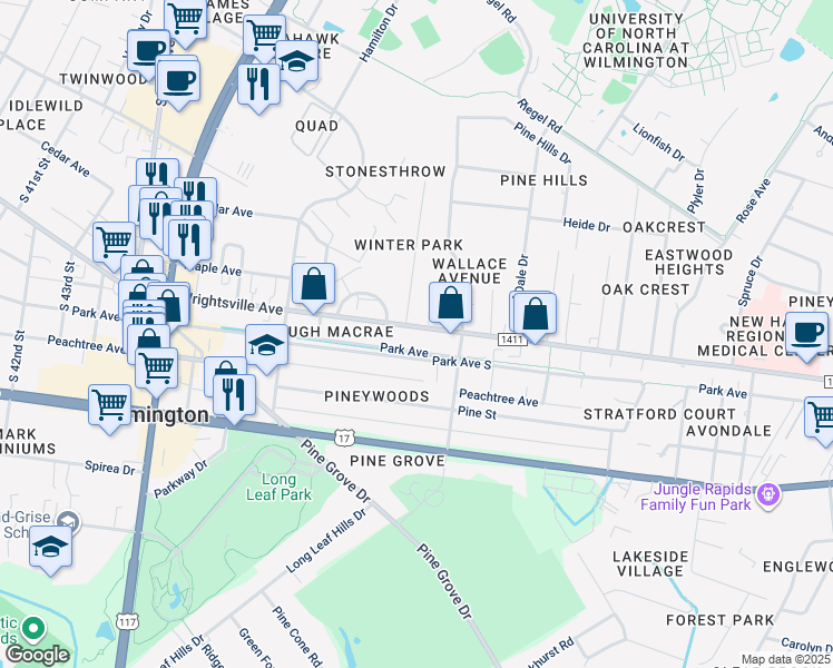 map of restaurants, bars, coffee shops, grocery stores, and more near 4938 Wrightsville Avenue in Wilmington