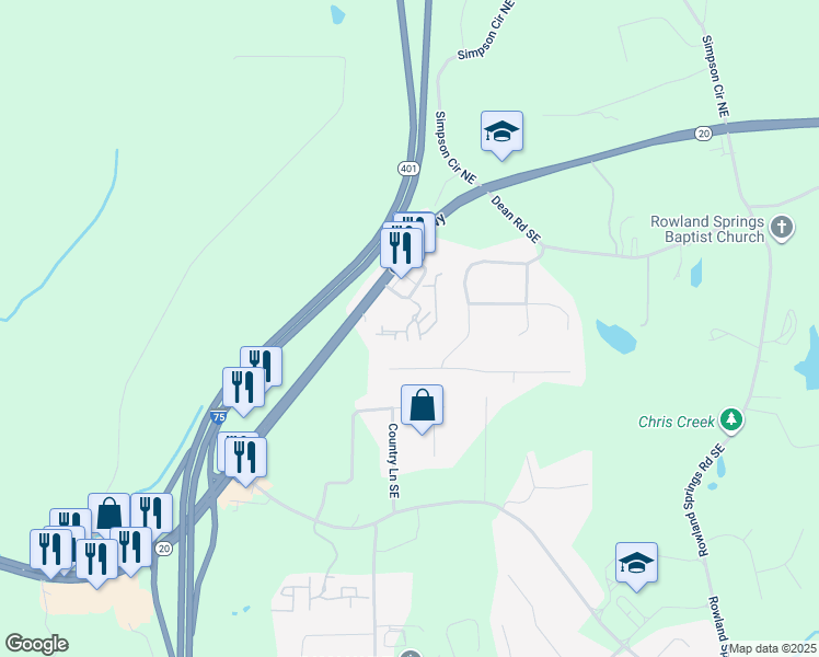 map of restaurants, bars, coffee shops, grocery stores, and more near 48 Stone Mill Drive Southeast in Cartersville