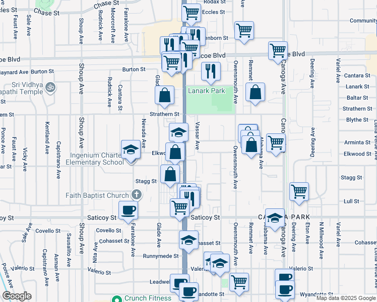 map of restaurants, bars, coffee shops, grocery stores, and more near 7826 Topanga Canyon Boulevard in Los Angeles