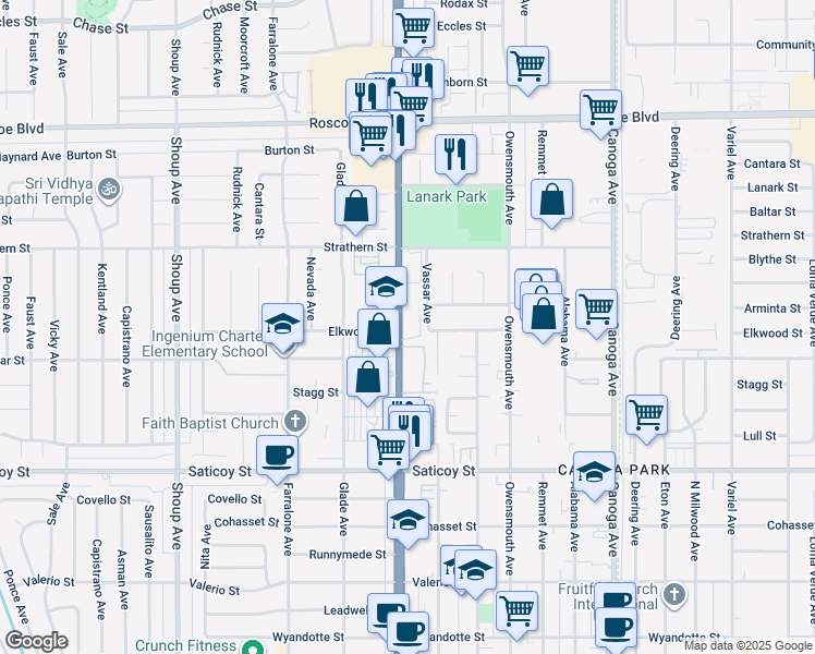map of restaurants, bars, coffee shops, grocery stores, and more near 7826 Topanga Canyon Boulevard in Los Angeles