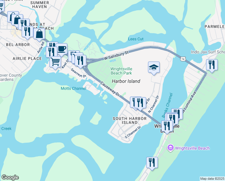 map of restaurants, bars, coffee shops, grocery stores, and more near 427 Causeway Drive in Wrightsville Beach
