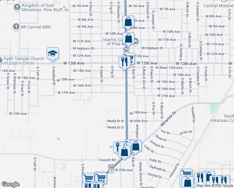 map of restaurants, bars, coffee shops, grocery stores, and more near 4007 West 17th Avenue in Pine Bluff