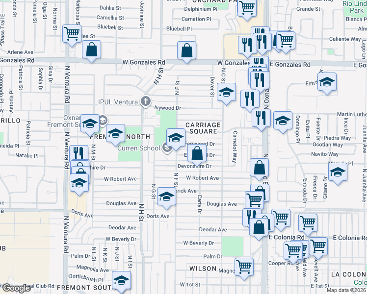 map of restaurants, bars, coffee shops, grocery stores, and more near 640 Fernwood Drive in Oxnard