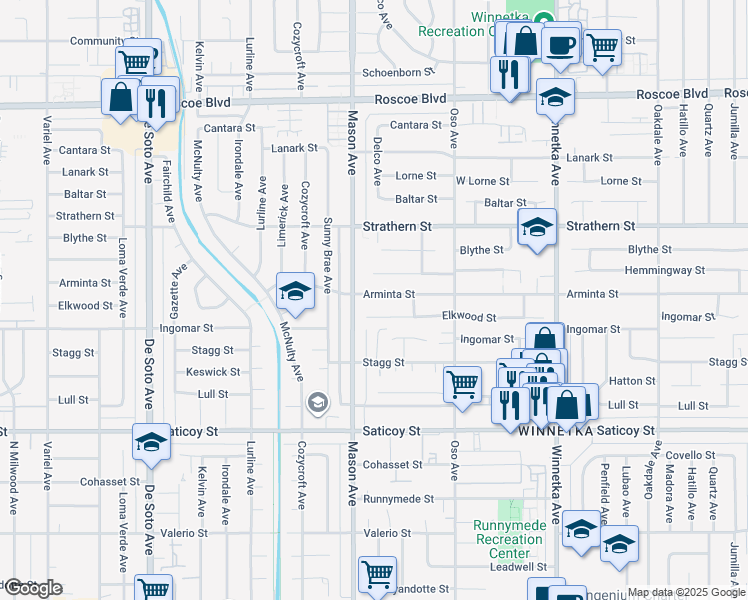 map of restaurants, bars, coffee shops, grocery stores, and more near 20448 Arminta Street in Los Angeles