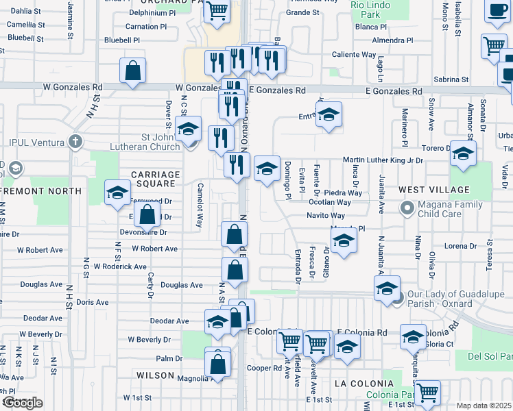 map of restaurants, bars, coffee shops, grocery stores, and more near 1115 Briana Circle in Oxnard