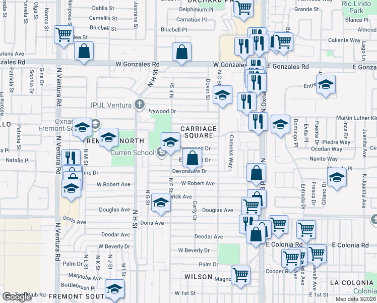 map of restaurants, bars, coffee shops, grocery stores, and more near 600 Fernwood Drive in Oxnard