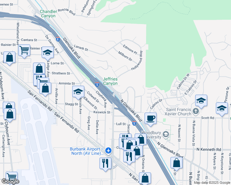 map of restaurants, bars, coffee shops, grocery stores, and more near North Hollywood Way & North Glenoaks Boulevard in Burbank