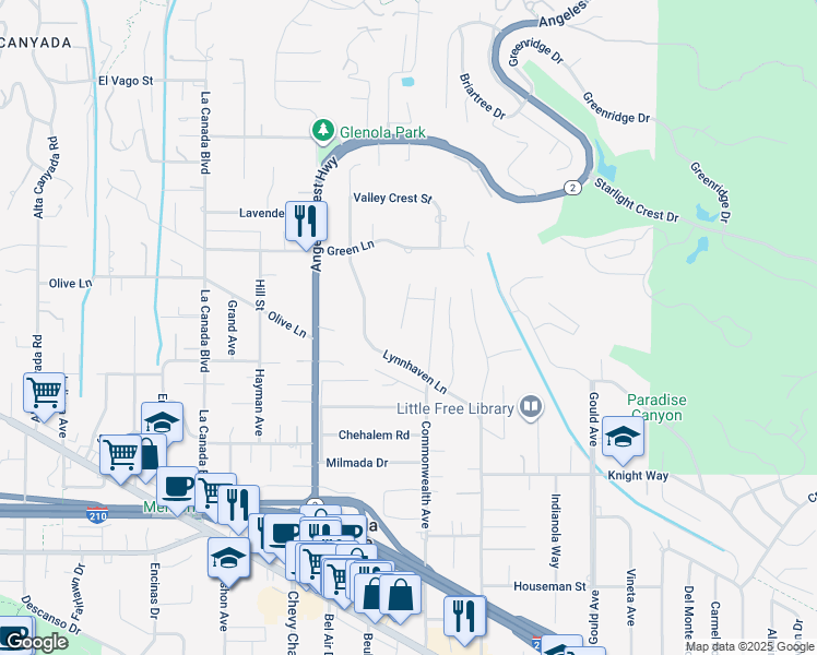 map of restaurants, bars, coffee shops, grocery stores, and more near 5046 Fallhaven Lane in La Cañada Flintridge