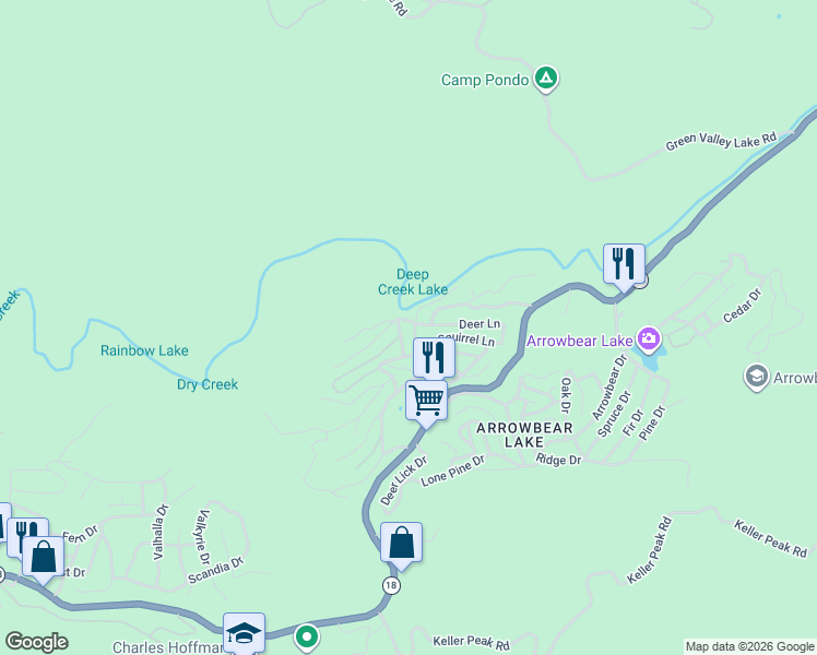 map of restaurants, bars, coffee shops, grocery stores, and more near 2242 Deep Creek Drive in Running Springs