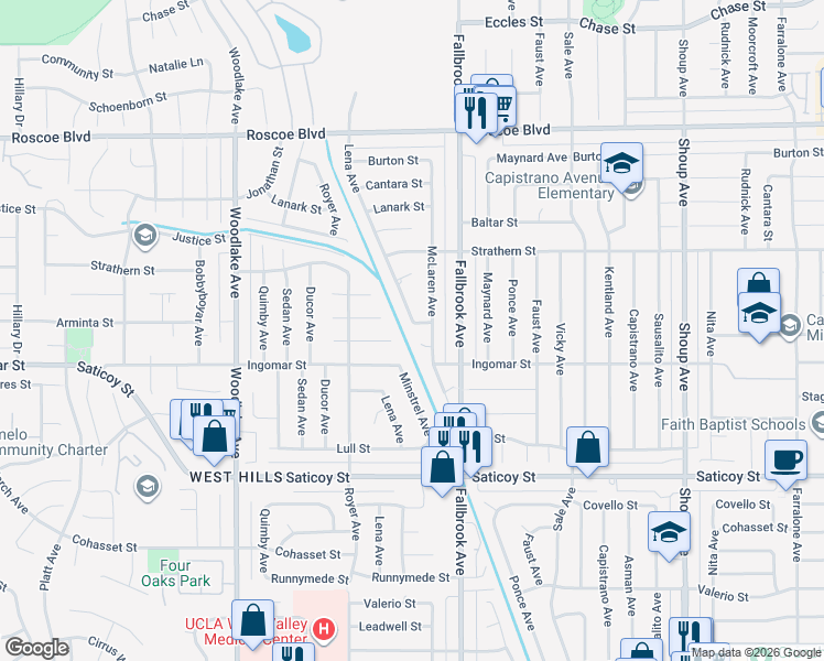 map of restaurants, bars, coffee shops, grocery stores, and more near 7851 Lena Avenue in Los Angeles