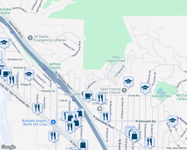 map of restaurants, bars, coffee shops, grocery stores, and more near 9745 Vía Roma in Burbank