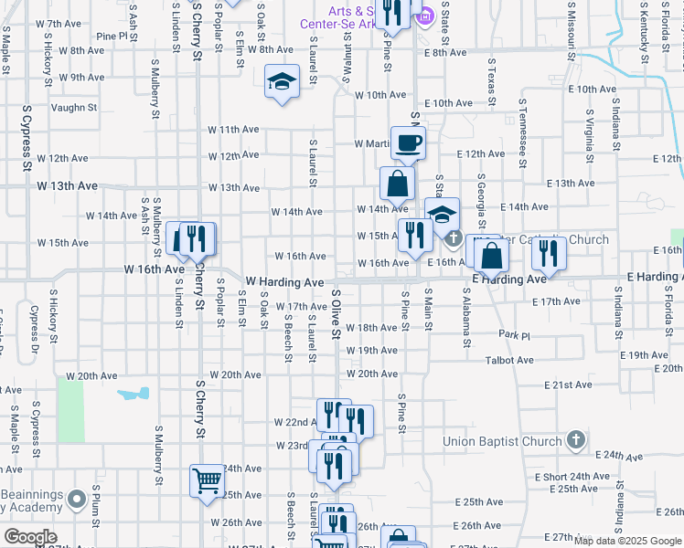 map of restaurants, bars, coffee shops, grocery stores, and more near 1617 South Olive Street in Pine Bluff