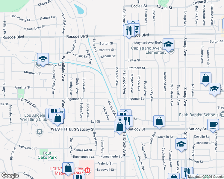 map of restaurants, bars, coffee shops, grocery stores, and more near 7856 McLaren Avenue in Los Angeles