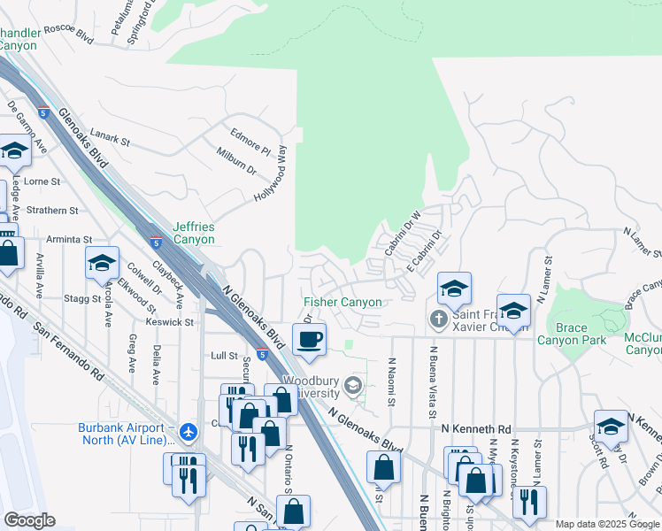 map of restaurants, bars, coffee shops, grocery stores, and more near 9744 Vía Roma in Burbank