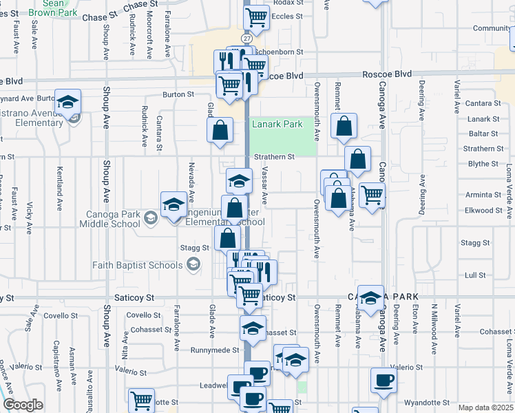 map of restaurants, bars, coffee shops, grocery stores, and more near 7853 Vassar Avenue in Los Angeles