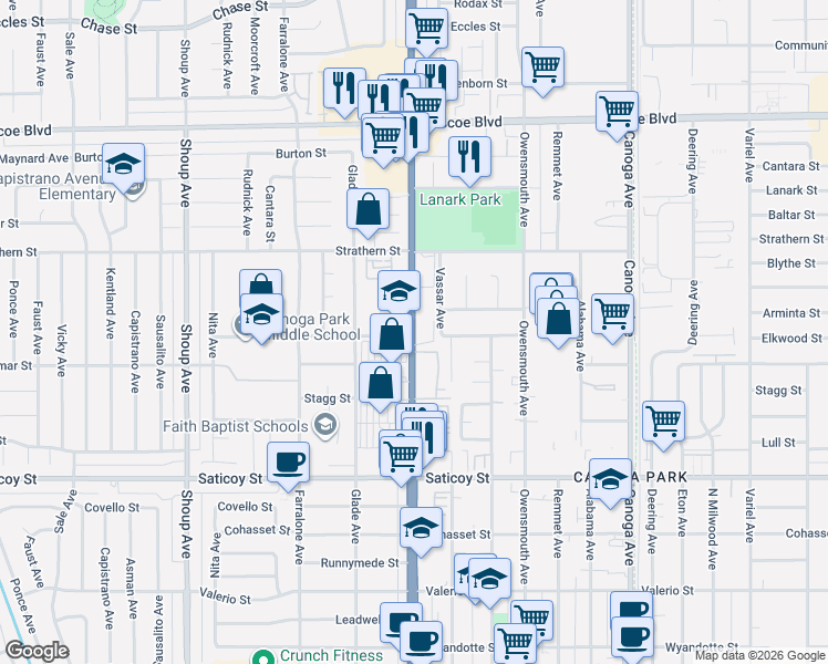 map of restaurants, bars, coffee shops, grocery stores, and more near 6600 California 27 in Los Angeles