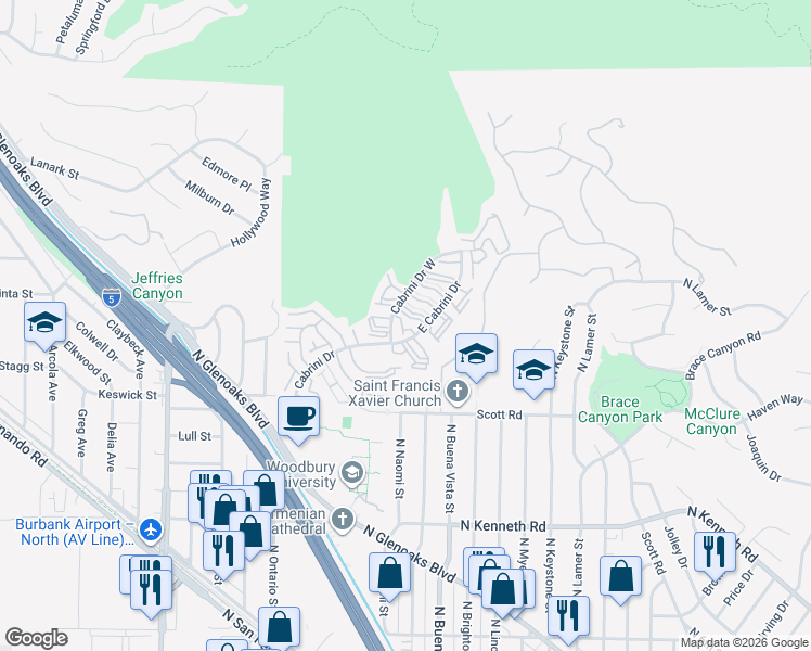 map of restaurants, bars, coffee shops, grocery stores, and more near 9546 Vía Salerno in Burbank