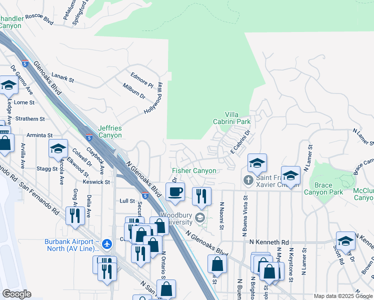 map of restaurants, bars, coffee shops, grocery stores, and more near 9745 Vía Roma in Burbank