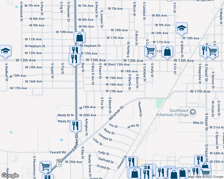 map of restaurants, bars, coffee shops, grocery stores, and more near 3420 West 16th Avenue in Pine Bluff