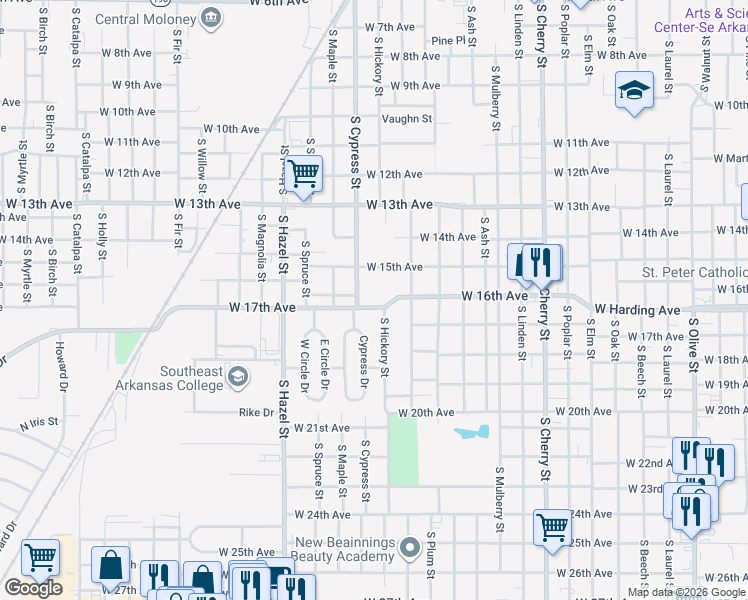 map of restaurants, bars, coffee shops, grocery stores, and more near 1801 West 17th Avenue in Pine Bluff