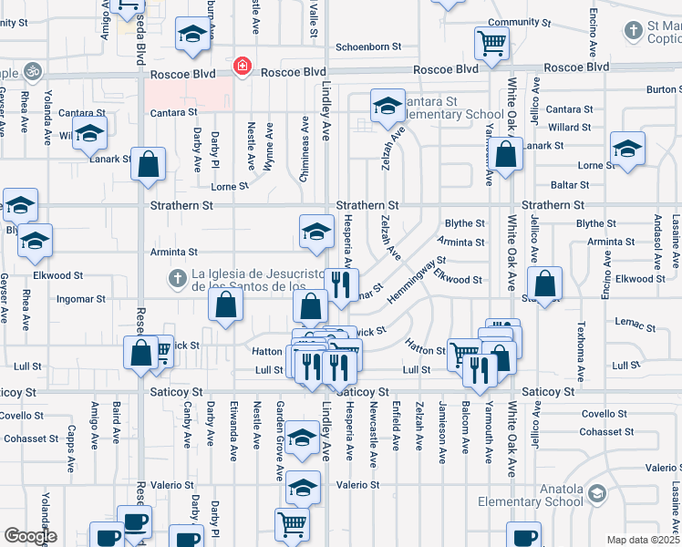 map of restaurants, bars, coffee shops, grocery stores, and more near 7827 Hesperia Avenue in Los Angeles