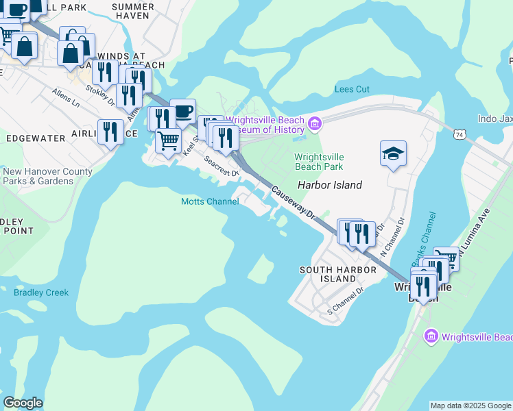 map of restaurants, bars, coffee shops, grocery stores, and more near 322 Causeway Drive in Wrightsville Beach