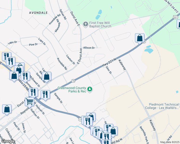 map of restaurants, bars, coffee shops, grocery stores, and more near 1605 South Carolina 72 in Greenwood