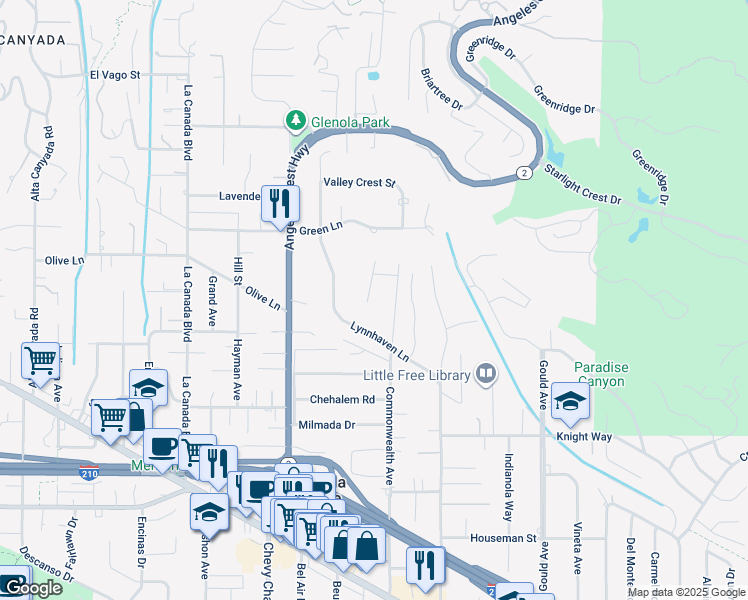 map of restaurants, bars, coffee shops, grocery stores, and more near 5046 Fallhaven Lane in La Cañada Flintridge