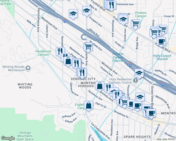 map of restaurants, bars, coffee shops, grocery stores, and more near 2742 Piedmont Avenue in Glendale
