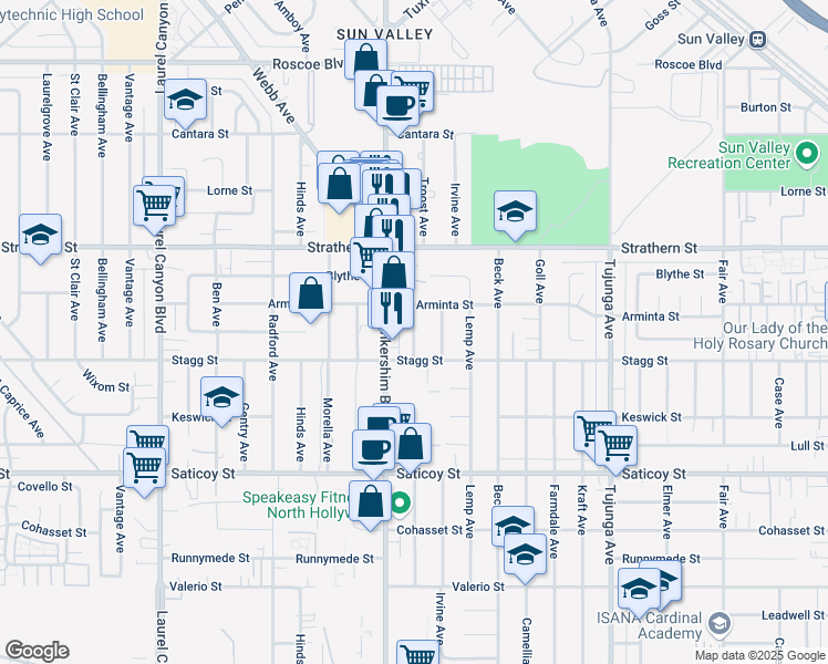 map of restaurants, bars, coffee shops, grocery stores, and more near 7851 Irvine Avenue in Los Angeles