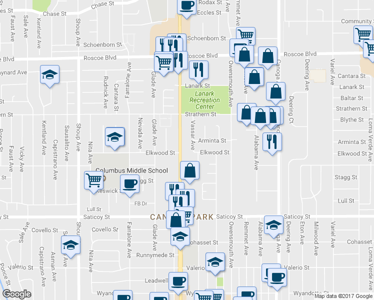 map of restaurants, bars, coffee shops, grocery stores, and more near 21924 Arminta Street in Los Angeles