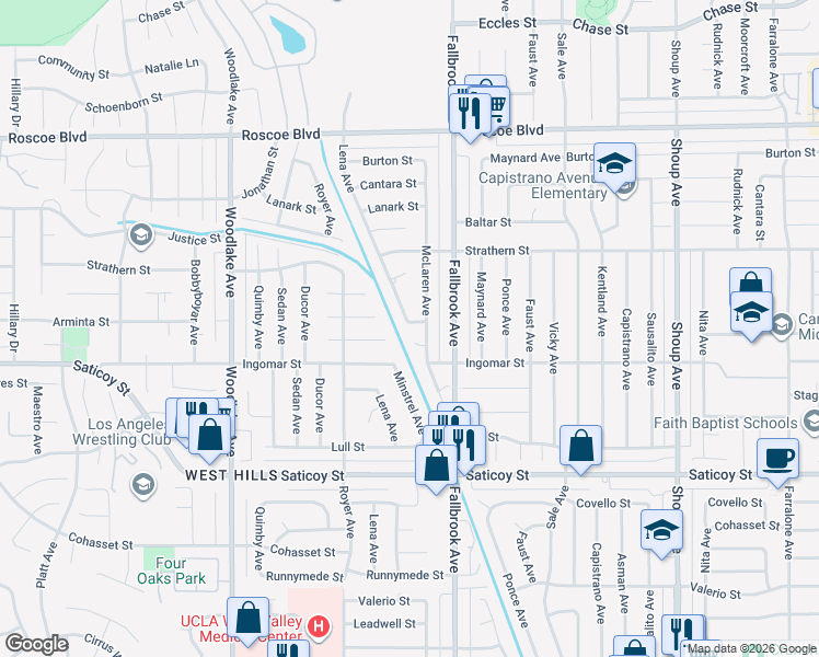 map of restaurants, bars, coffee shops, grocery stores, and more near 7856 McLaren Avenue in Los Angeles