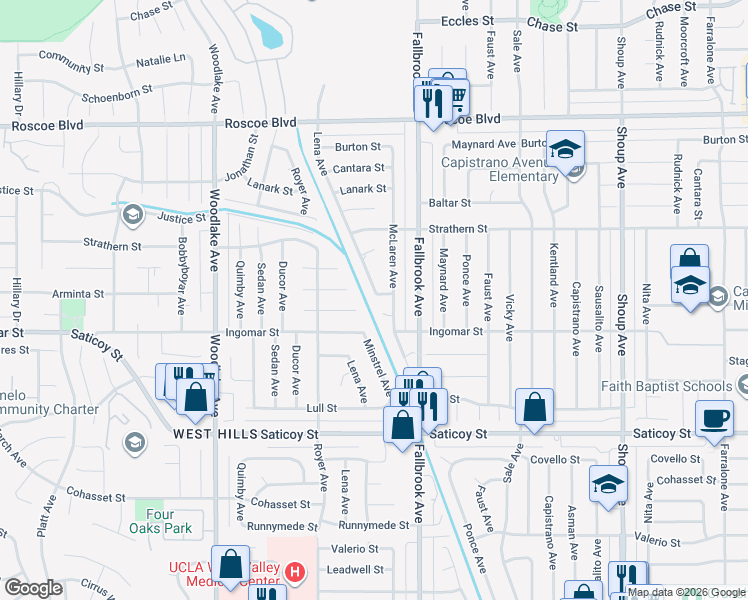 map of restaurants, bars, coffee shops, grocery stores, and more near 7851 Lena Avenue in Los Angeles