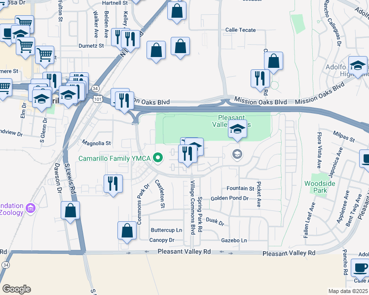 map of restaurants, bars, coffee shops, grocery stores, and more near 209 Riverdale Court in Camarillo