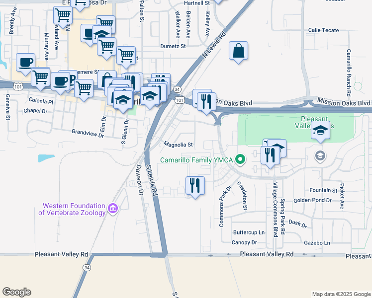 map of restaurants, bars, coffee shops, grocery stores, and more near 2821 Magnolia Street in Camarillo