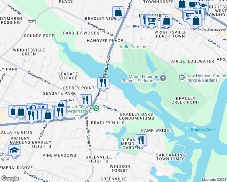 map of restaurants, bars, coffee shops, grocery stores, and more near in Wilmington
