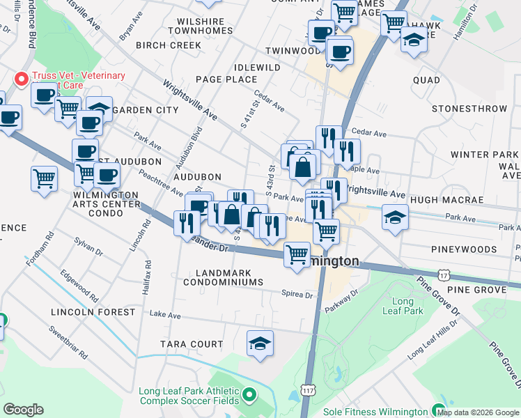 map of restaurants, bars, coffee shops, grocery stores, and more near 4214 Park Avenue in Wilmington