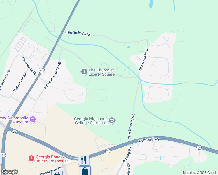 map of restaurants, bars, coffee shops, grocery stores, and more near 262 Eva Way in Cartersville
