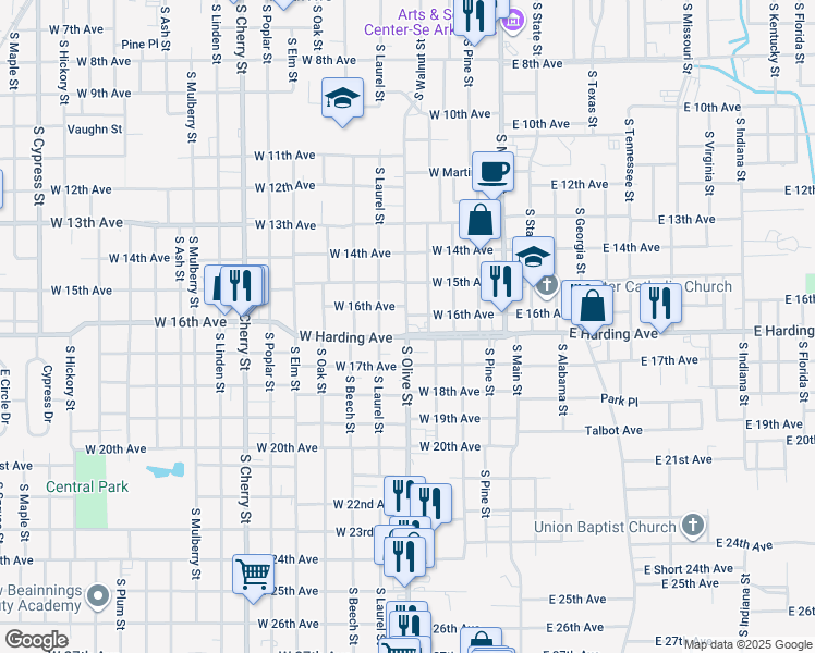 map of restaurants, bars, coffee shops, grocery stores, and more near 1617 South Olive Street in Pine Bluff