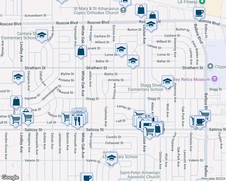 map of restaurants, bars, coffee shops, grocery stores, and more near 7831 Encino Avenue in Los Angeles