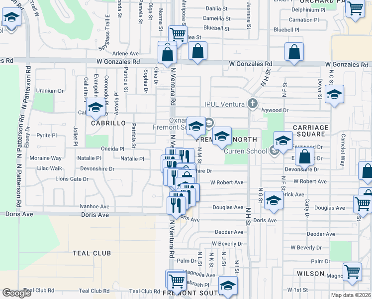 map of restaurants, bars, coffee shops, grocery stores, and more near 1349 Edgewood Way in Oxnard
