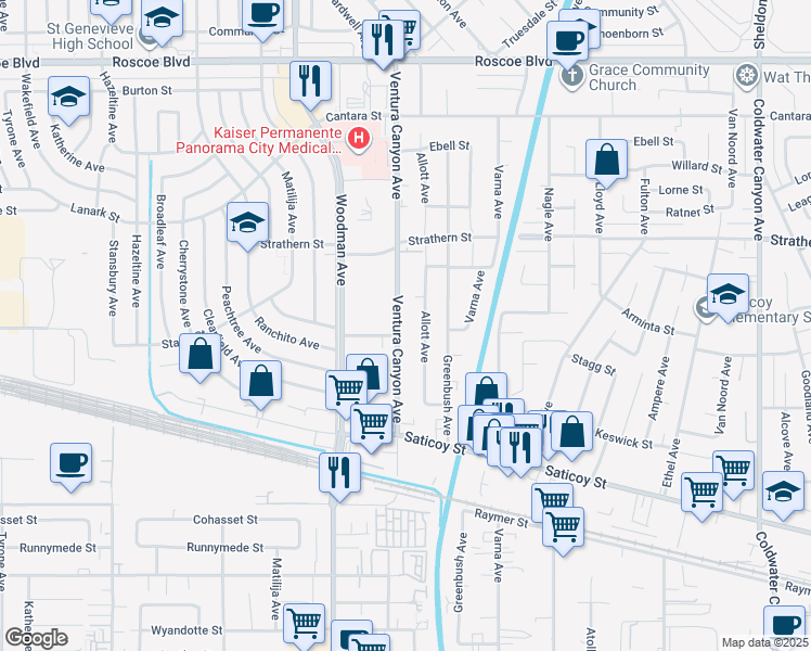 map of restaurants, bars, coffee shops, grocery stores, and more near 7840 Ventura Canyon Avenue in Los Angeles