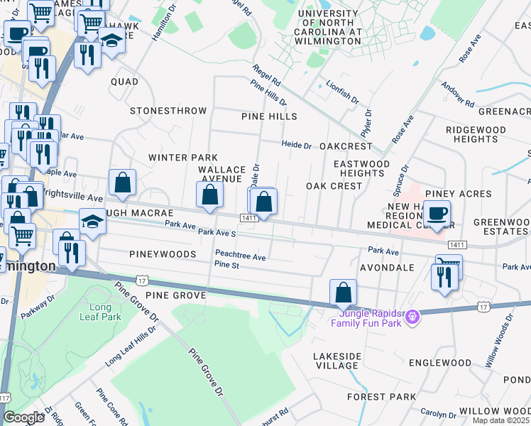 map of restaurants, bars, coffee shops, grocery stores, and more near 5027 Wrightsville Avenue in Wilmington