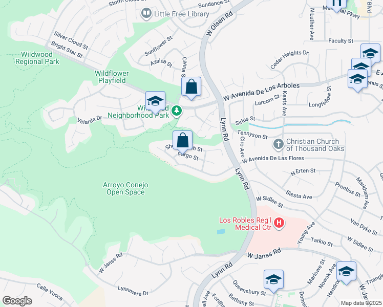 map of restaurants, bars, coffee shops, grocery stores, and more near 563 Fargo Street in Thousand Oaks