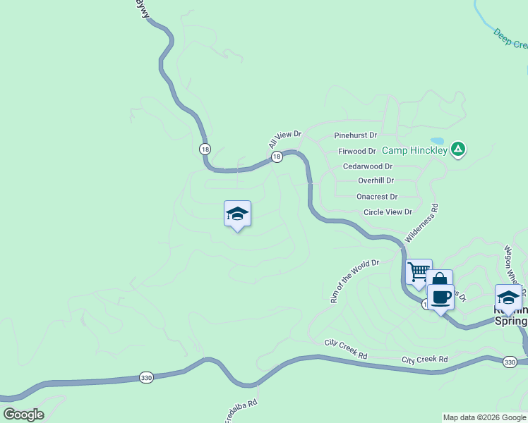 map of restaurants, bars, coffee shops, grocery stores, and more near 31120 Mountain Oak Drive in Running Springs